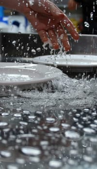 Close-up of a hand interacting with splashing water on a reflective surface, capturing the dynamic movement and clarity of droplets.