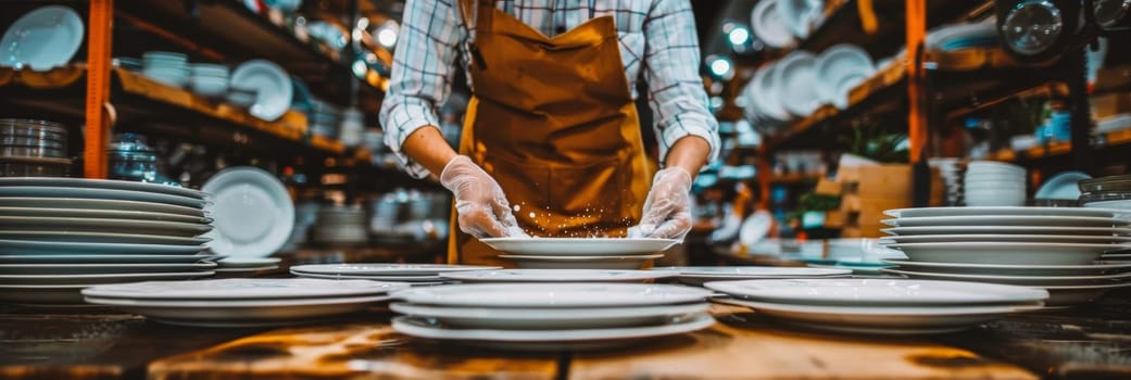 Waiter washing plates on a wooden table in a restaurant, focus on hands and plates.