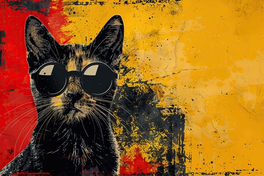 Banner, poster in grunge style with the image of a black cat in sunglasses.