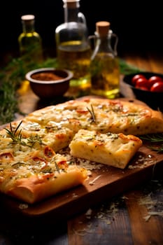 Focaccia with tomatoes on the table. Generative AI, Food.