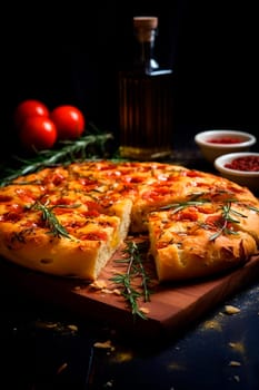 Focaccia with tomatoes on the table. Generative AI, Food.