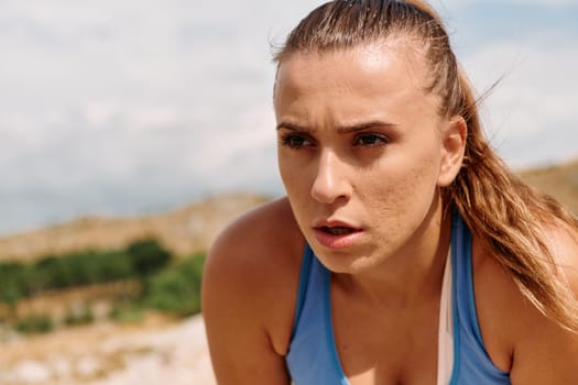 A determined female athlete is captured in preparation mode for her morning run, showcasing dedication and focus in her fitness routine