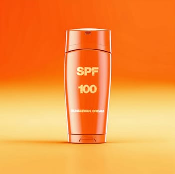 SPF 100 sunscreen in orange bottle. High quality photo. Sunscreen. Summer cream. Tanning product. Tanning remedy. Cream on vacation and vacation. Cream on the seashore on wet sand