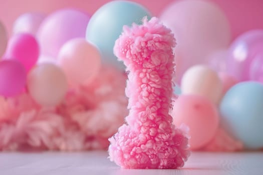 Pink, girlish and fluffy number one with blurred balloons on the background. Playful symbol 1. Invitation for first birthday celebration. Children, kids party. Greeting card design. Generative AI