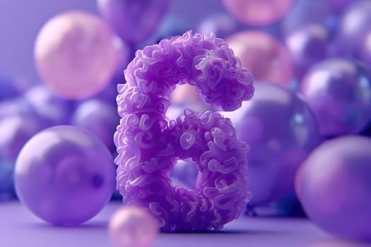 Vibrant, purple and fluffy number six with blurred balloons on the background. Playful symbol 6. Invitation for sixth birthday celebration. Children, kids party. Greeting card design. Generative AI