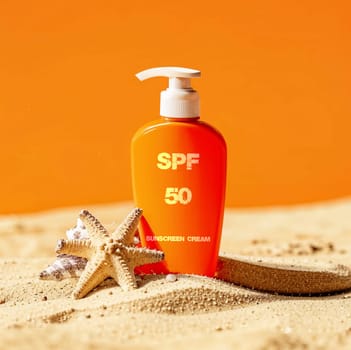 SPF 50. Sunscreen. High quality photo. Sunscreen. Summer cream. Tanning product. Tanning remedy. Cream on vacation and vacation. Cream on the seashore on wet sand