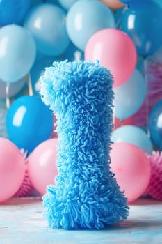 Blue and fluffy number one with blurred balloons on the background. Playful symbol 1. Invitation for first birthday celebration. Children, kids party. Greeting card, vertical. Generative AI