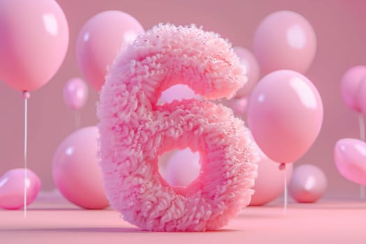 Pink, girlish and fluffy number six with blurred balloons on the background. Playful symbol 6. Invitation for sixth birthday celebration. Children, kids party. Greeting card design. Generative AI