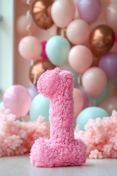 Pink, girlish and fluffy number one with blurred balloons on the background. Playful symbol 1. Invitation for first birthday celebration. Children, kids party. Greeting card, vertical. Generative AI