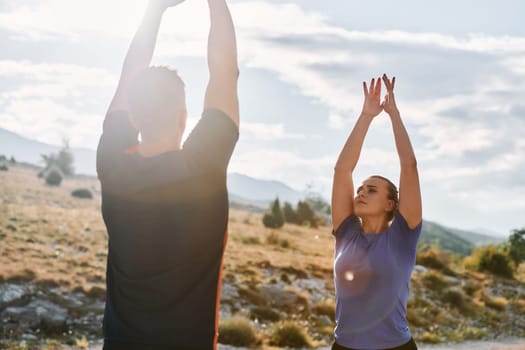 A couple engages in post-run stretching, fostering flexibility and recovery after an intense morning jog, promoting health and well-being in their fitness routine