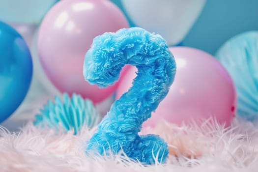 Blue and fluffy number two with blurred balloons on the background. Playful symbol 2. Invitation for second birthday celebration. Children, kids party. Greeting card design. Generative AI