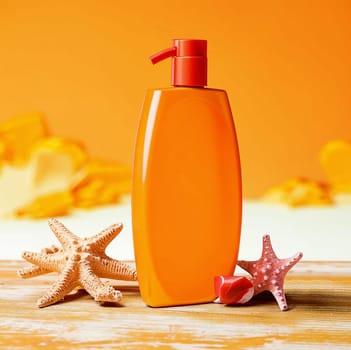 Orange Unscribbled Cream Bottle. High quality photo. Sunscreen. Summer cream. Tanning product. Tanning remedy.