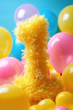 Vibrant, yellow and fluffy number one with blurred balloons on the background. Playful symbol 1. Invitation for first birthday celebration. Children, kids party. Greeting card, vertical. Generative AI