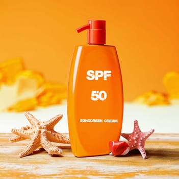 SPF 50. Sunscreen. High quality photo. Sunscreen. Summer cream. Tanning product. Tanning remedy. Cream on vacation and vacation. Cream on the seashore on wet sand