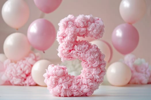 Whimsical and charming, fluffy pink number 5 surrounded by delicate balloons in soft pastel tones, creating enchanting backdrop perfect for celebrations. Birthday and special occasion. Generative AI