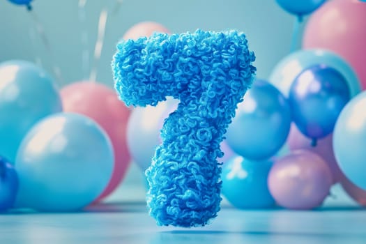 Blue and fluffy number seven with blurred balloons on the background. Playful symbol 7. Invitation for seventh birthday celebration. Children, kids party. Greeting card design. Generative AI