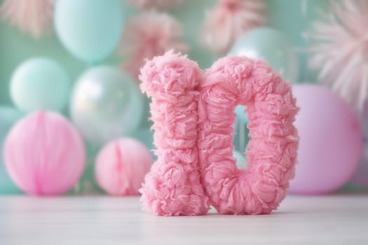 Pink, girlish and fluffy number ten with blurred balloons on the background. Playful symbol 10. Invitation for tenth birthday celebration. Children, kids party. Greeting card design. Generative AI