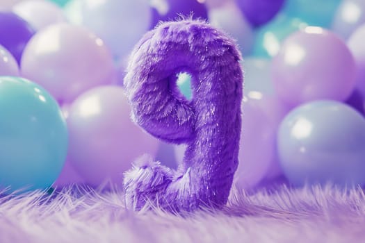 Vibrant, purple and fluffy number nine with blurred balloons on the background. Playful symbol 9. Invitation for ninth birthday celebration. Children, kids party. Greeting card. Generative AI