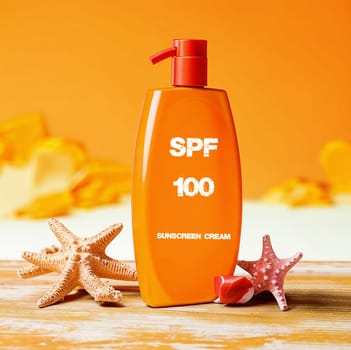 SPF 100 sunscreen in orange bottle. High quality photo. Sunscreen. Summer cream. Tanning product. Tanning remedy. Cream on vacation and vacation. Cream on the seashore on wet sand