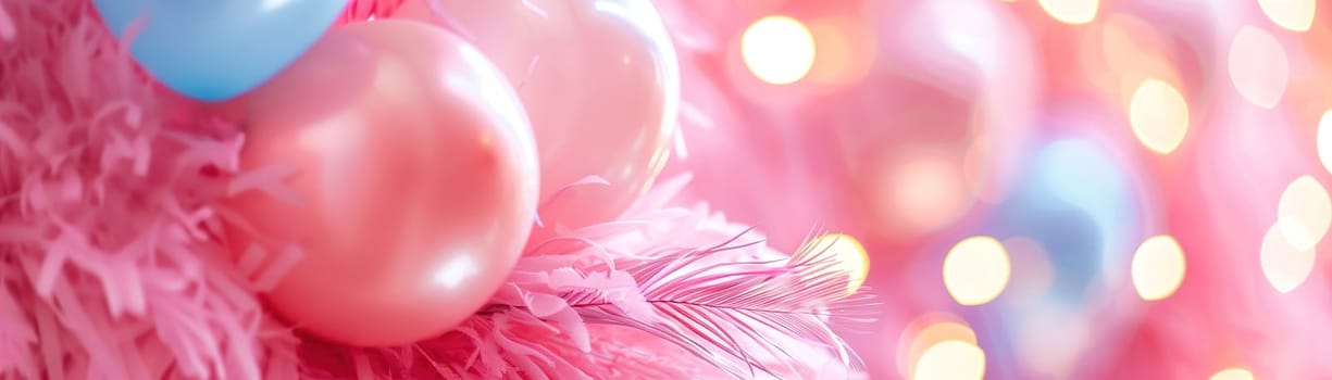 Banner with pink fluffy feathers and balloons, ideal for festive, romantic, or celebratory themes, providing a soft and magical backdrop. Copy space for text. Generative AI