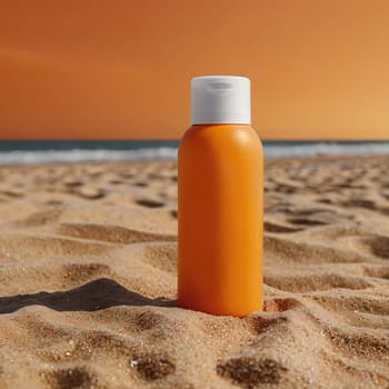 Orange bottle of cream without inscriptions. High quality photo. Sunscreen. Summer cream. Tanning product. Tanning remedy.