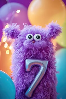 Vibrant, purple, fluffy monster with number seven, balloons on the background. Playful symbol 7. Invitation for seventh birthday. Children, kids party. Greeting card, vertical. Generative AI