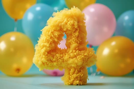 Vibrant, yellow and fluffy number four with blurred balloons on the background. Playful symbol 4. Invitation for fourth birthday celebration. Children, kids party. Greeting card design. Generative AI