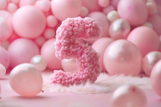 Pink, girlish and fluffy number five with blurred balloons on the background. Playful symbol 5. Invitation for fifth birthday celebration. Children, kids party. Greeting card design. Generative AI
