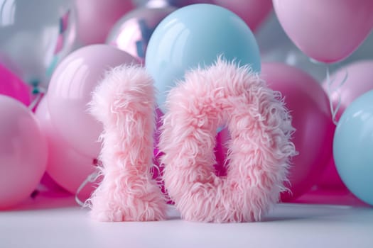 Pink, girlish and fluffy number ten with blurred balloons on the background. Playful symbol 10. Invitation for tenth birthday celebration. Children, kids party. Greeting card design. Generative AI
