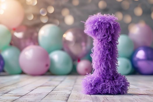 Vibrant, purple and fluffy number one with blurred balloons on the background. Playful symbol 1. Invitation for first birthday celebration. Children, kids party. Greeting card design. Generative AI