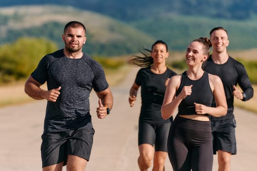 A professional athletic team as they train rigorously, running towards peak performance in preparation for an upcoming marathon.