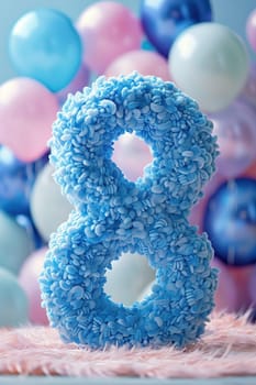 Blue and fluffy number eight with blurred balloons on the background. Playful symbol 8. Invitation for eighth birthday celebration. Children, kids party. Greeting card, vertical. Generative AI