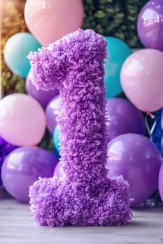 Vibrant, purple and fluffy number one with blurred balloons on the background. Playful symbol 1. Invitation for first birthday celebration. Children, kids party. Greeting card, vertical. Generative AI