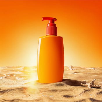 Orange bottle of cream without inscriptions. High quality photo. Sunscreen. Summer cream. Tanning product. Tanning remedy.