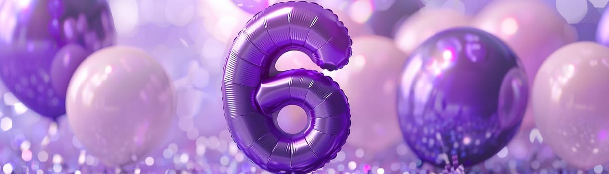 Vibrant, purple and glossy number six with blurred balloons on the background. Playful symbol 6. Invitation for sixth birthday celebration. Children, kids party. Greeting card. Banner. Generative AI