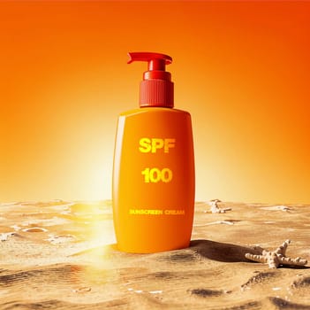 SPF 100 sunscreen in orange bottle. High quality photo. Sunscreen. Summer cream. Tanning product. Tanning remedy. Cream on vacation and vacation. Cream on the seashore on wet sand