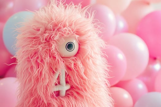 Pink, fluffy monster with number four, blurred balloons on the background. Playful symbol 4. Invitation for fourth birthday celebration. Children, kids party. Greeting card design. Generative AI