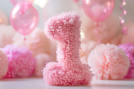 A dreamy, soft pink scene featuring a fluffy number 1 centerpiece surrounded by pastel balloons and delicate flowers, creating a whimsical atmosphere. First birthday. Generative AI