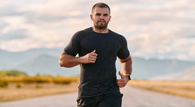 An athletic man jogs under the sun, conditioning his body for life's extreme challenges, exuding determination and strength in his preparation for the journey ahead