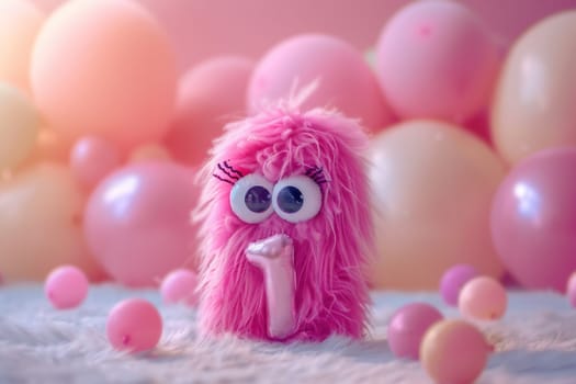 Pink, fluffy monster with number one, blurred balloons on the background. Playful symbol 1. Invitation for first birthday celebration. Children, kids party. Greeting card design. Generative AI