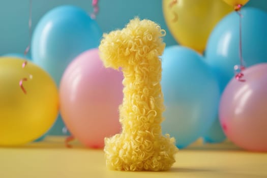 Vibrant, yellow and fluffy number one with blurred balloons on the background. Playful symbol 1. Invitation for first birthday celebration. Children, kids party. Greeting card design. Generative AI