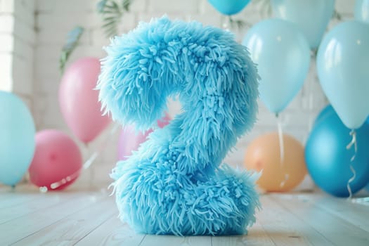 Blue and fluffy number two with blurred balloons on the background. Playful symbol 2. Invitation for second birthday celebration. Children, kids party. Greeting card design. Generative AI