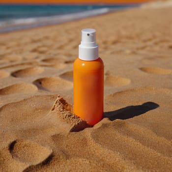 Orange bottle of cream without inscriptions. High quality photo. Sunscreen. Summer cream. Tanning product. Tanning remedy.