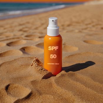 SPF 50. Sunscreen. High quality photo. Sunscreen. Summer cream. Tanning product. Tanning remedy. Cream on vacation and vacation. Cream on the seashore on wet sand