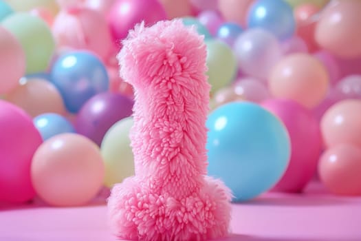 Pink, girlish and fluffy number one with blurred balloons on the background. Playful symbol 1. Invitation for first birthday celebration. Children, kids party. Greeting card design. Generative AI