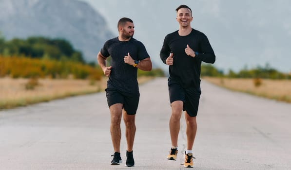 Two friends enjoy a jog together on a beautiful sunny day, embracing the companionship and joy of outdoor exercise