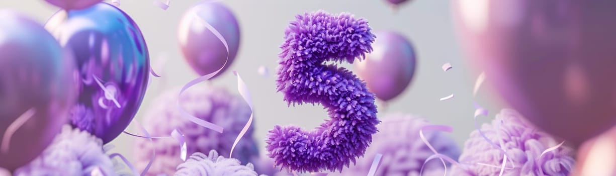 Vibrant, purple number five with blurred balloons on the background. Playful symbol 5. Invitation for fifth birthday celebration. Children, kids party. Greeting card design. Banner. Generative AI