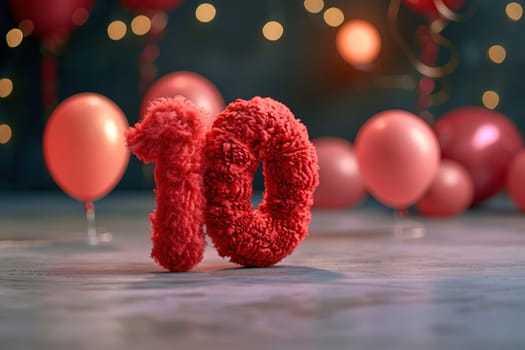 Vibrant, red and fluffy number ten with blurred balloons on the background. Playful symbol 10. Invitation for tenth birthday celebration. Children, kids party. Greeting card, vertical. Generative AI