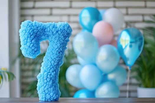 Blue and fluffy number seven with blurred balloons on the background. Playful symbol 7. Invitation for seventh birthday celebration. Children, kids party. Greeting card design. Generative AI