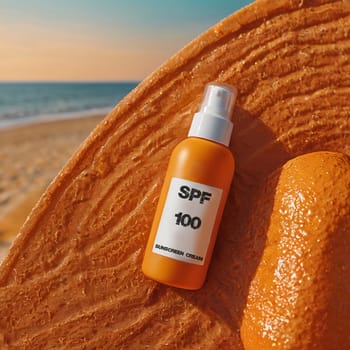 SPF 100 sunscreen in orange bottle. High quality photo. Sunscreen. Summer cream. Tanning product. Tanning remedy. Cream on vacation and vacation. Cream on the seashore on wet sand